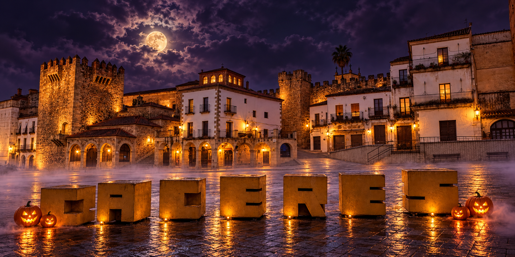 Plaza Mayor de Cáceres de noche, con calabazas y niebla